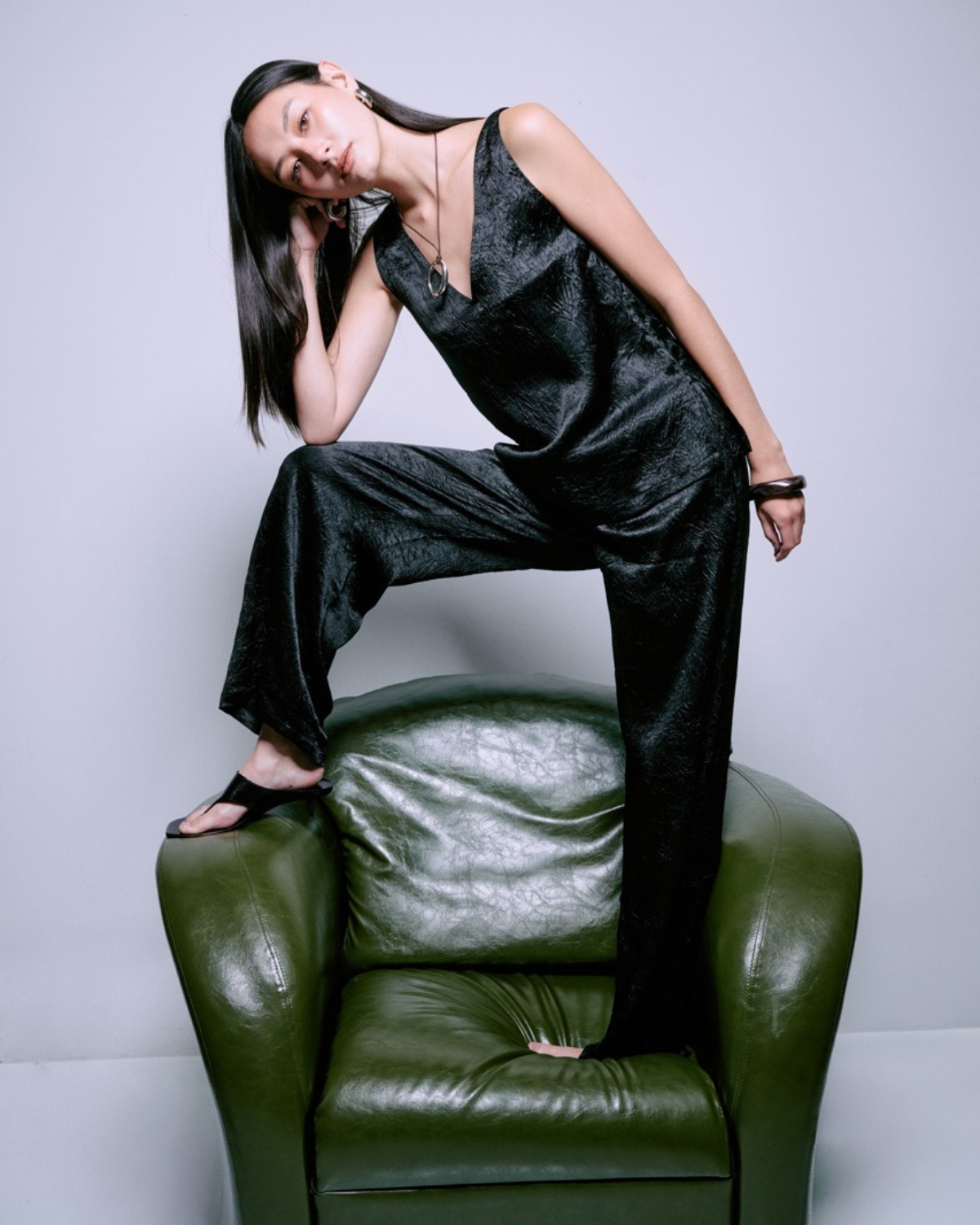 Jungle Urbaine - Drawstring Satin Trousers in Textured Black