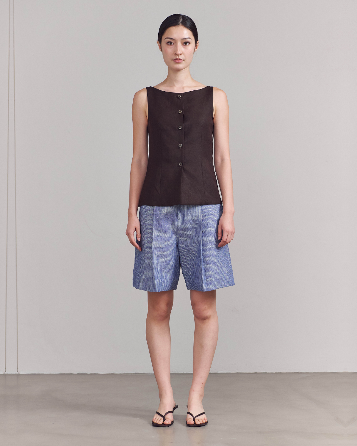SS25 Lin et Lumière - Classic Square Neck Vest in Dark Brown Linen