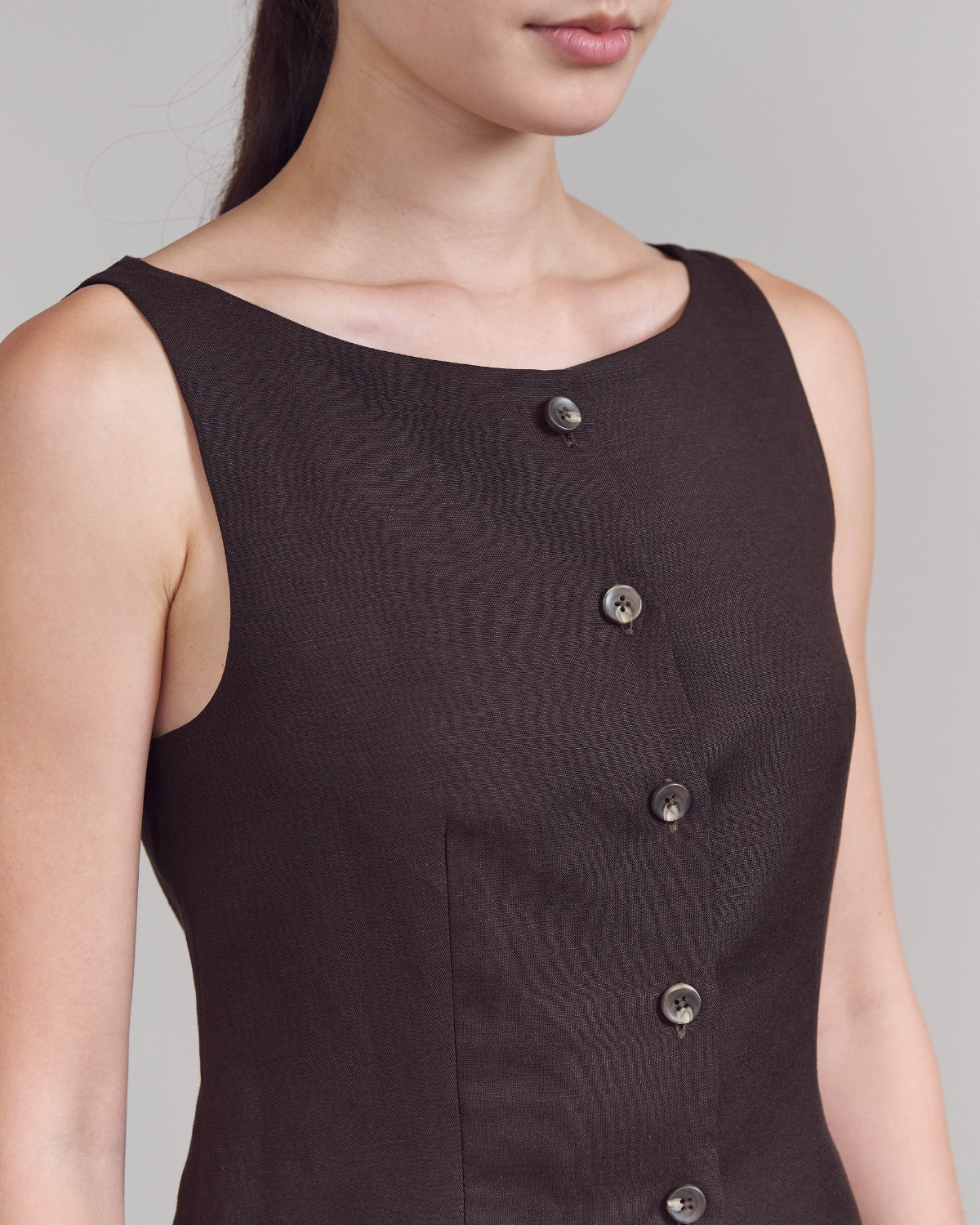 SS25 Lin et Lumière - Classic Square Neck Vest in Dark Brown Linen