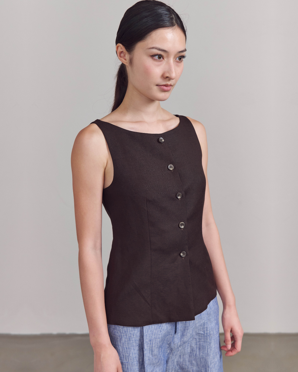 SS25 Lin et Lumière - Classic Square Neck Vest in Dark Brown Linen