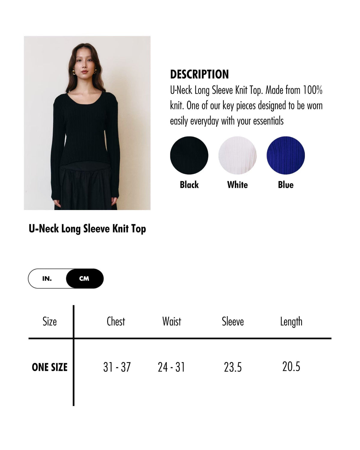AIMER - U-Neck Long Sleeve Top in White Knit