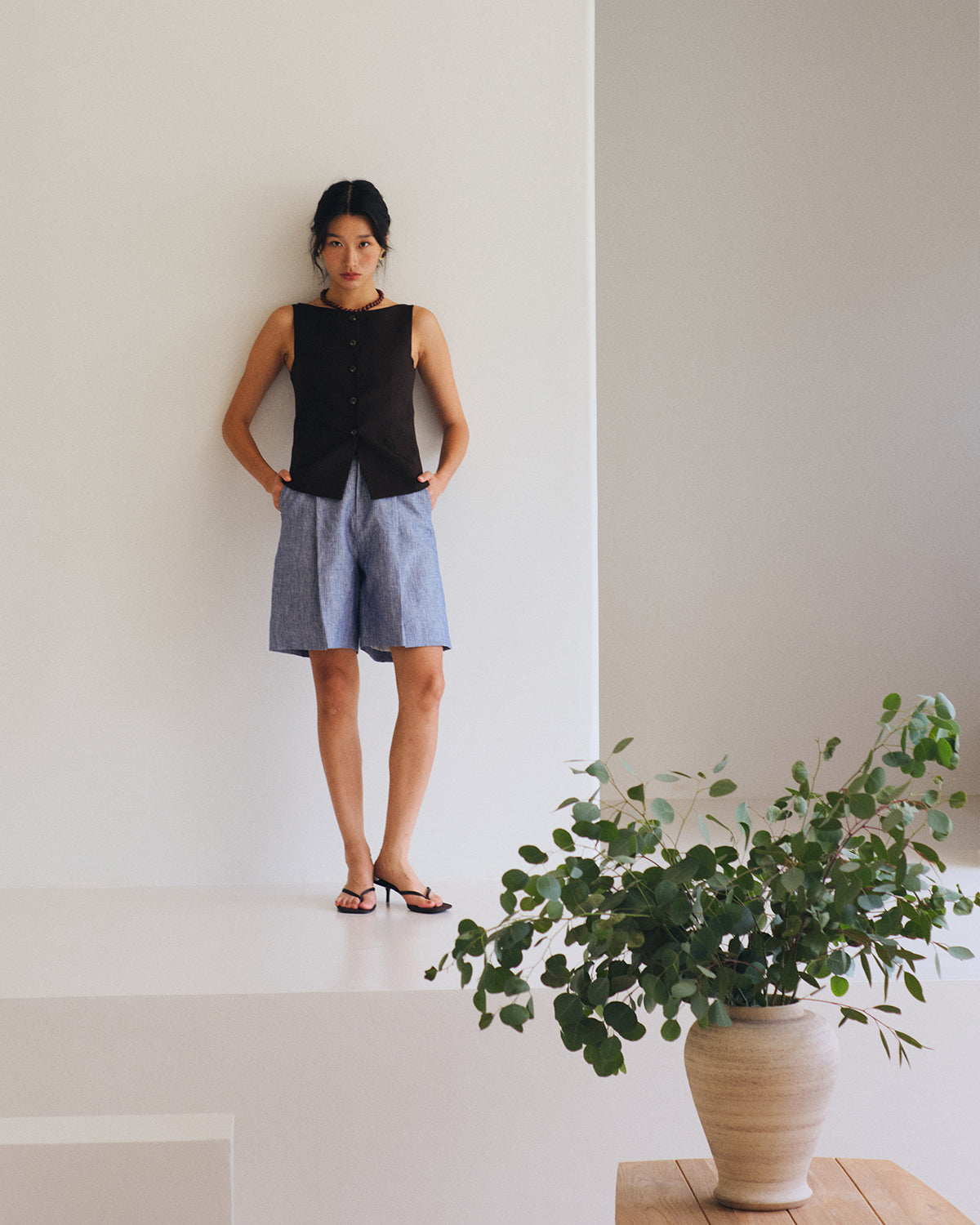SS25 Lin et Lumière - Classic Square Neck Vest in Dark Brown Linen