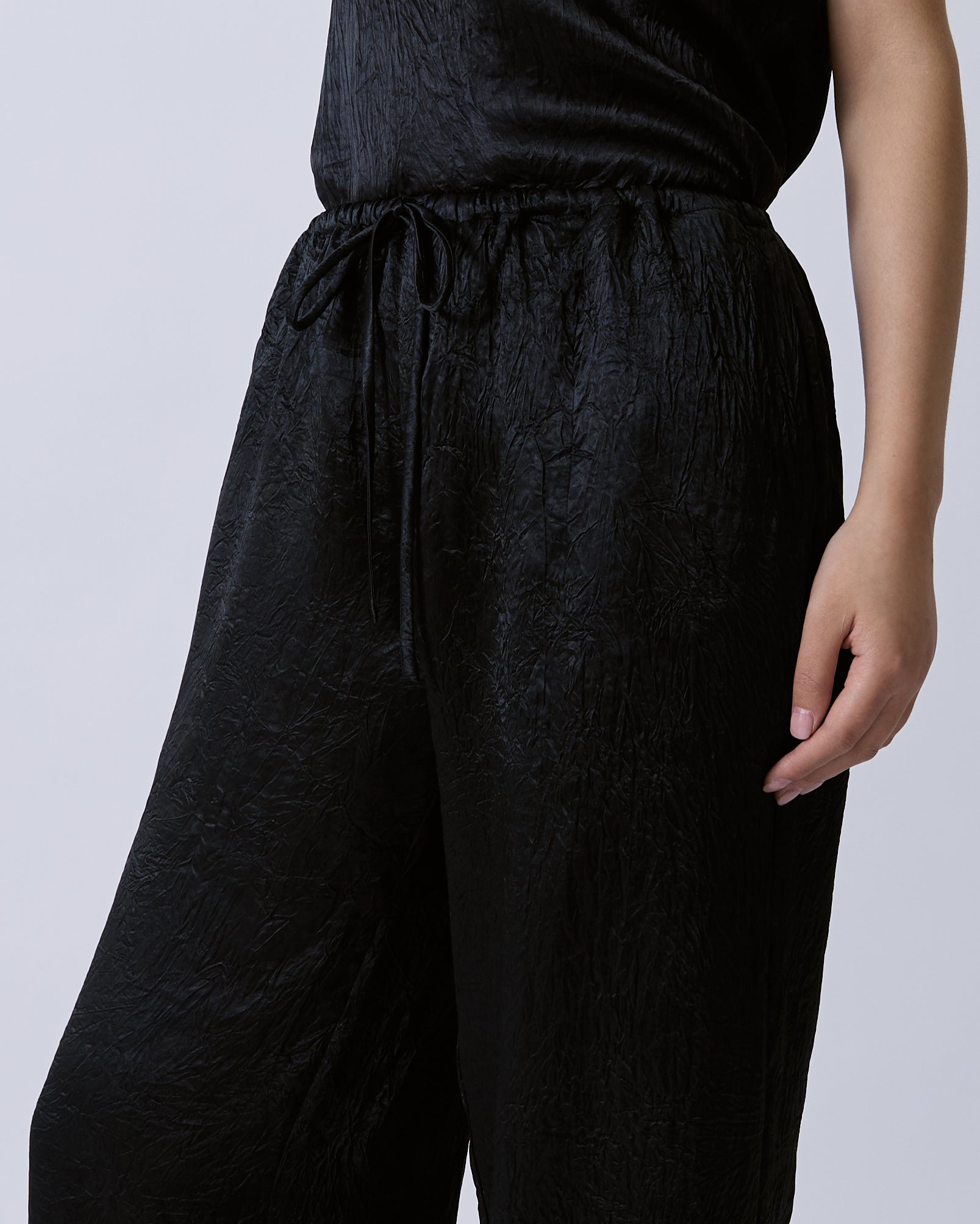 Jungle Urbaine - Drawstring Satin Trousers in Textured Black
