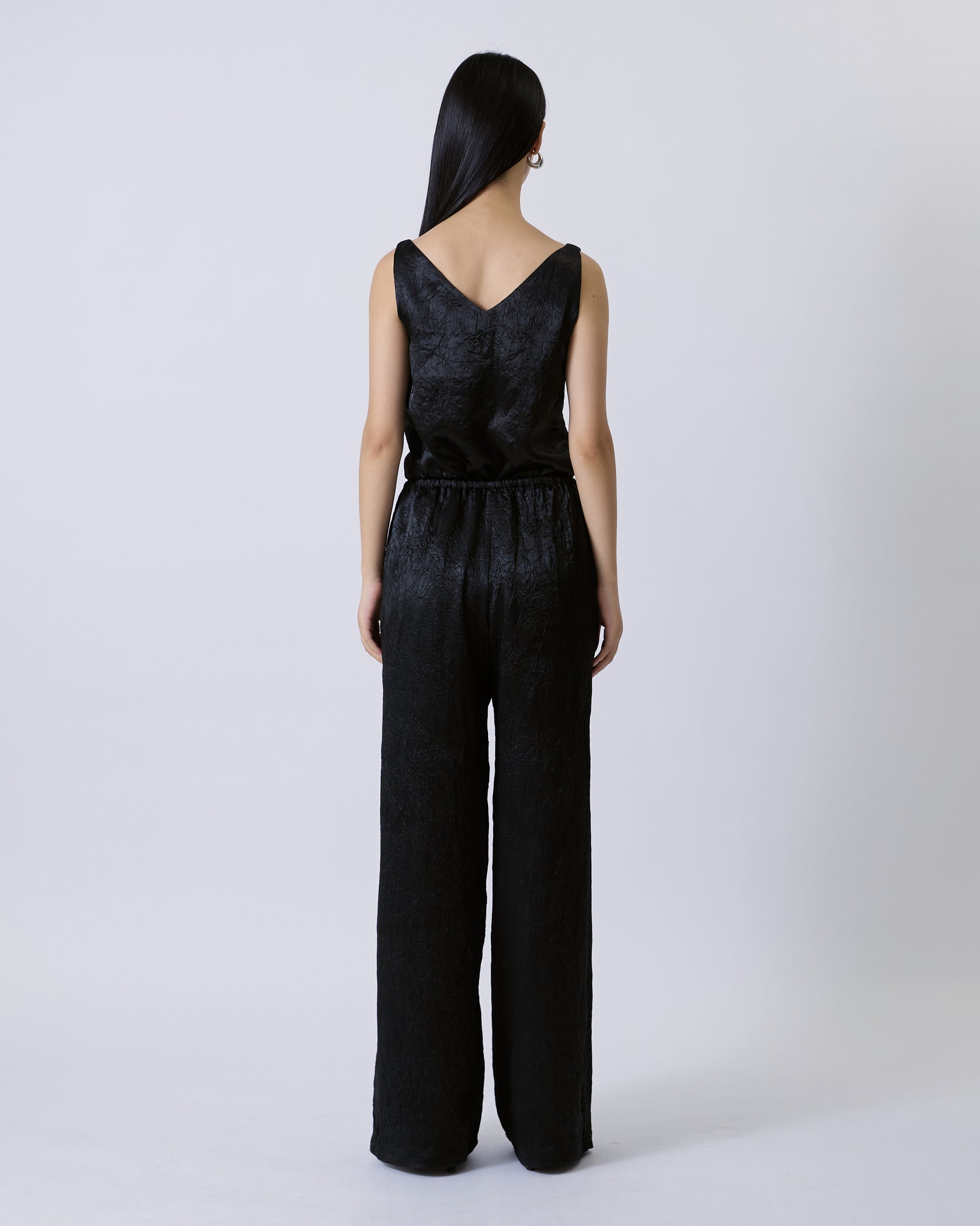 Jungle Urbaine - Drawstring Satin Trousers in Textured Black