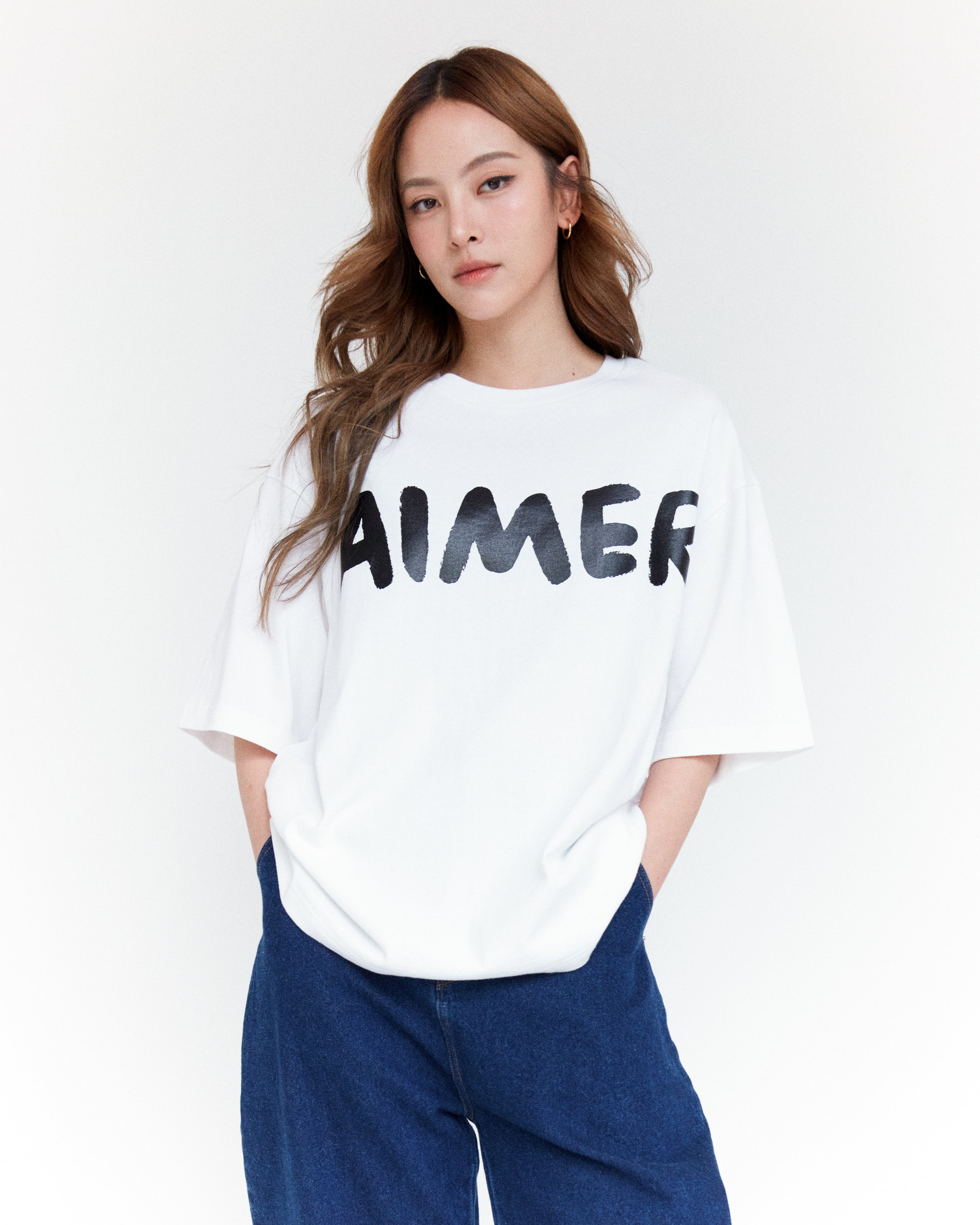 AIMER Denim Edition - AIMER Brush Logo Oversized T-Shirt in White