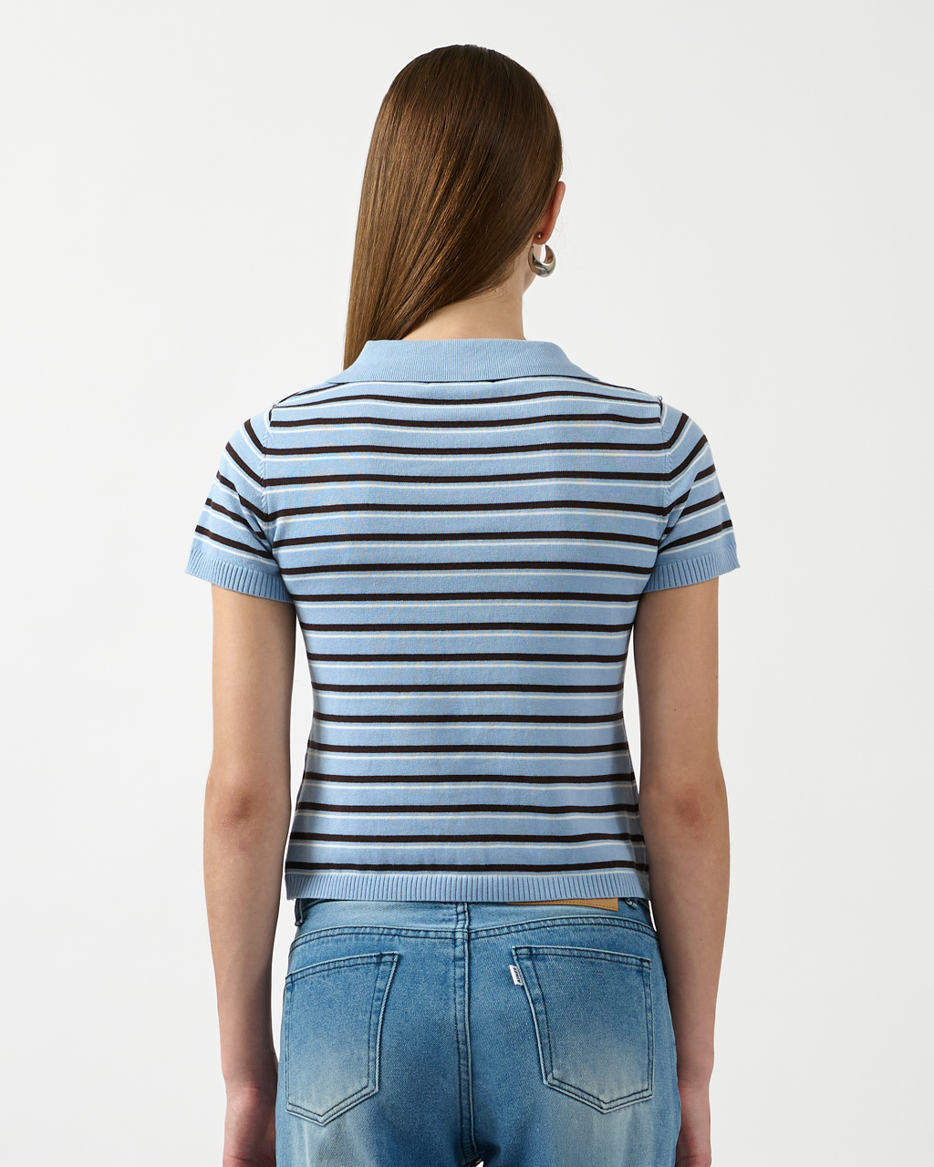 AIMER Denim Edition - Knitted Polo Top in Blue Dark Brown Stripe