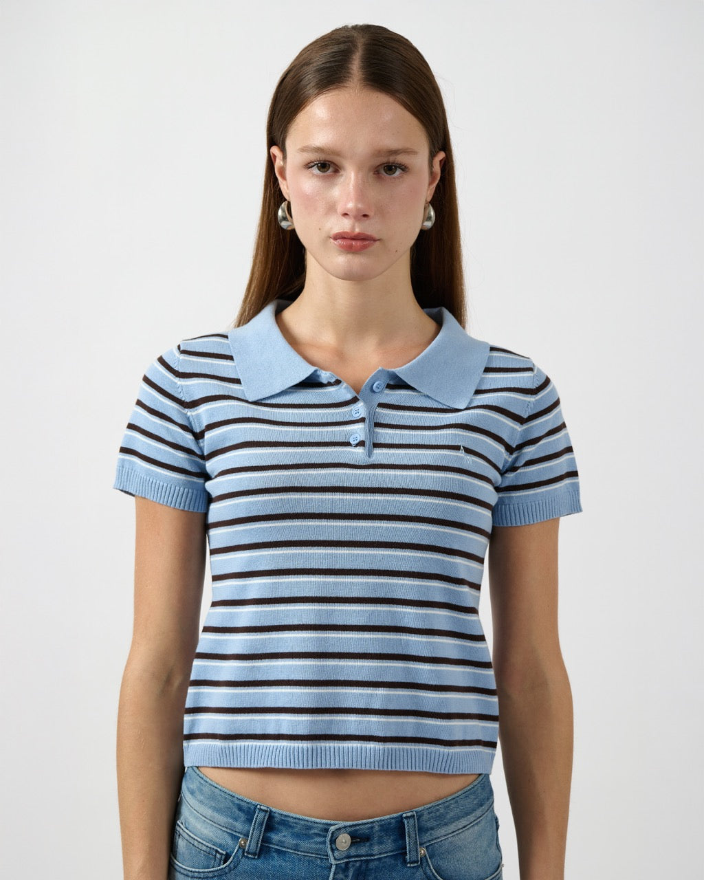AIMER Denim Edition - Knitted Polo Top in Blue Dark Brown Stripe
