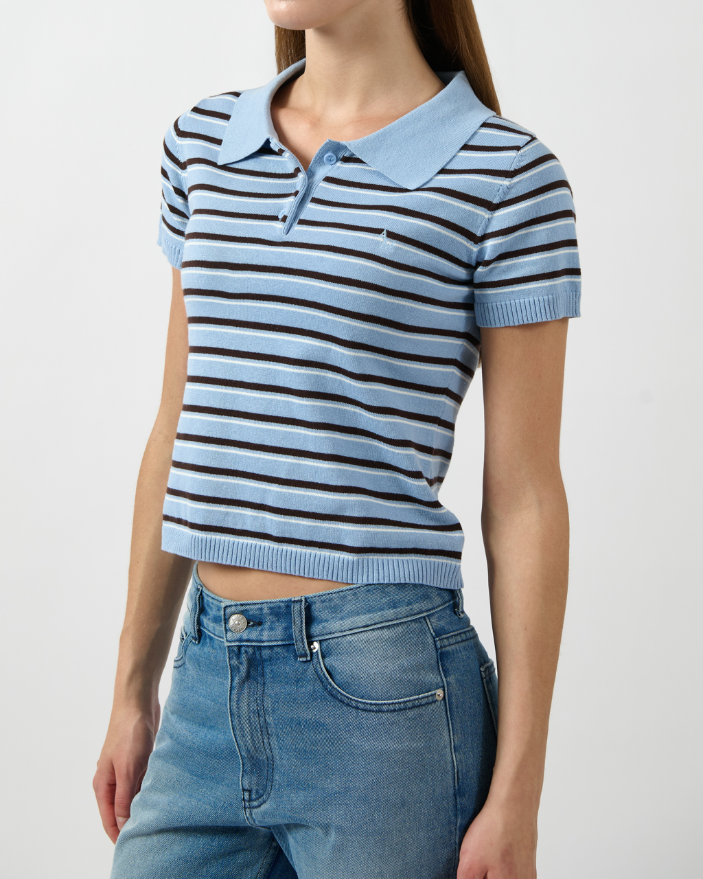 AIMER Denim Edition - Knitted Polo Top in Blue Dark Brown Stripe