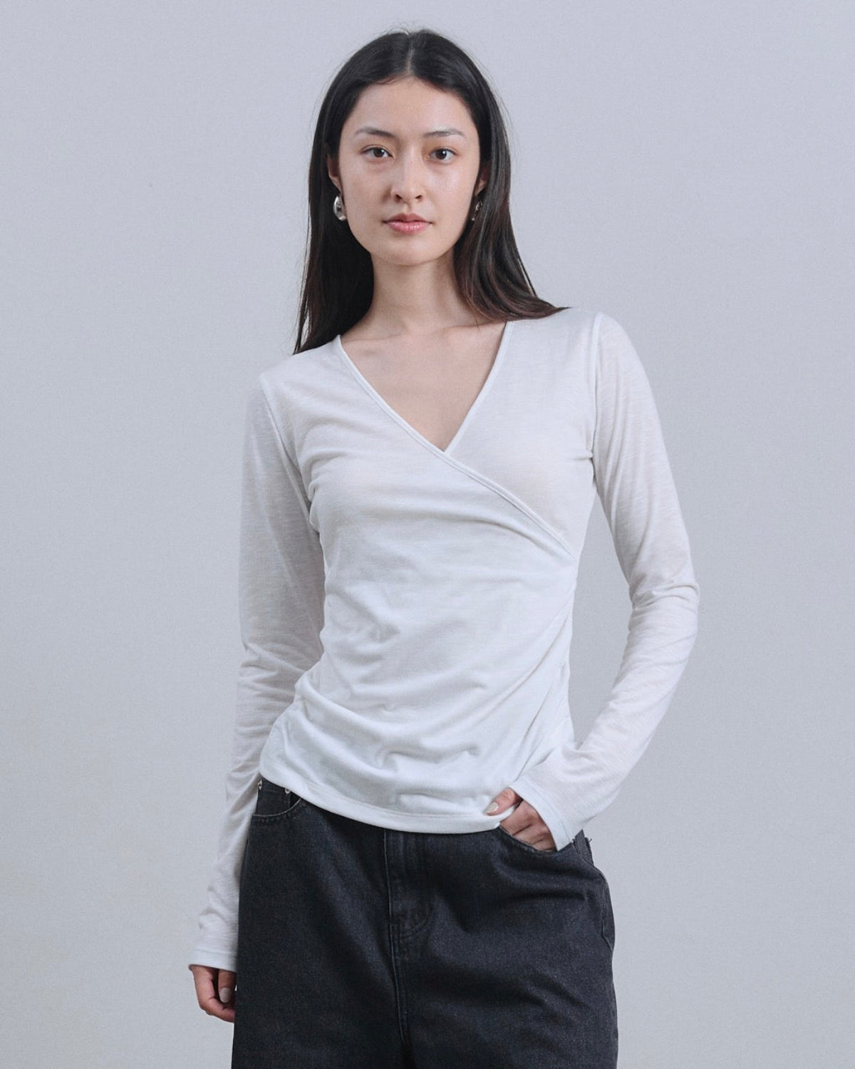 SS25 Denim - Cross V Long Sleeve Top in White
