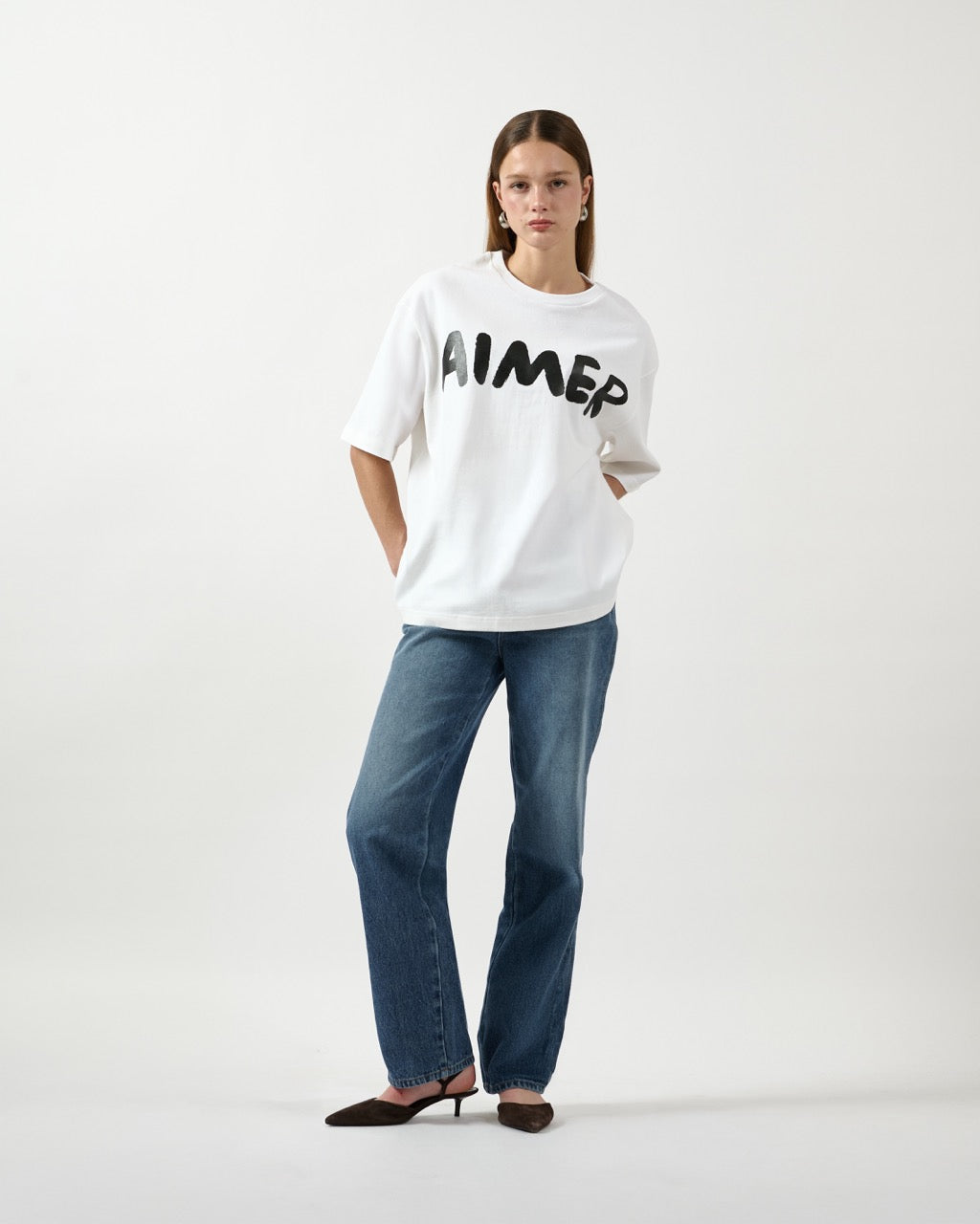 AIMER Denim Edition - AIMER Brush Logo Oversized T-Shirt in White