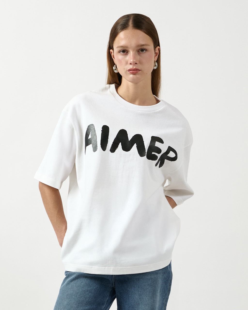 AIMER Denim Edition - AIMER Brush Logo Oversized T-Shirt in White