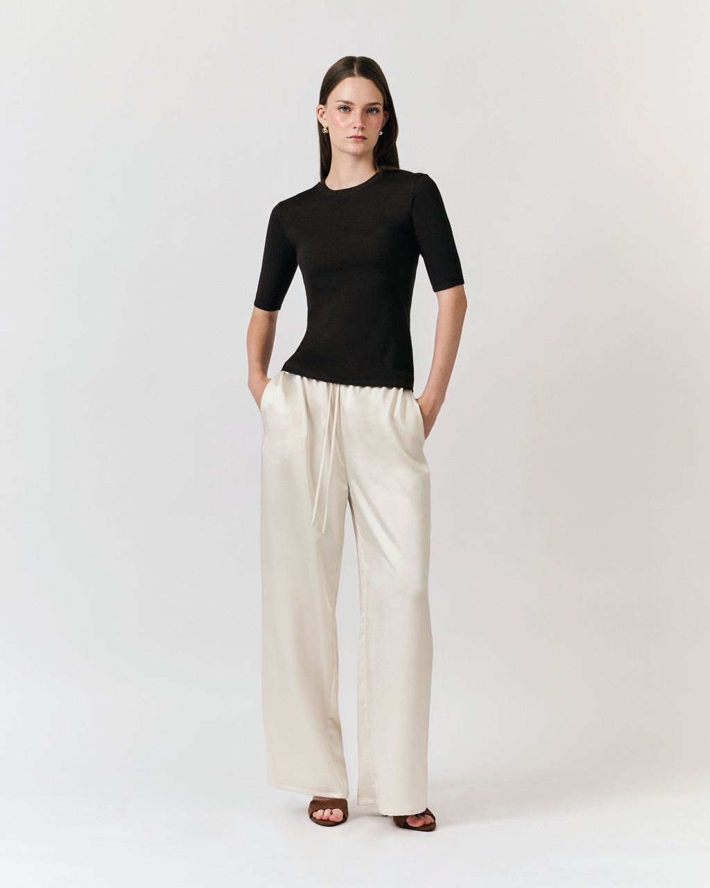 Été Parisien - Drawstring Satin Trousers in Ivory