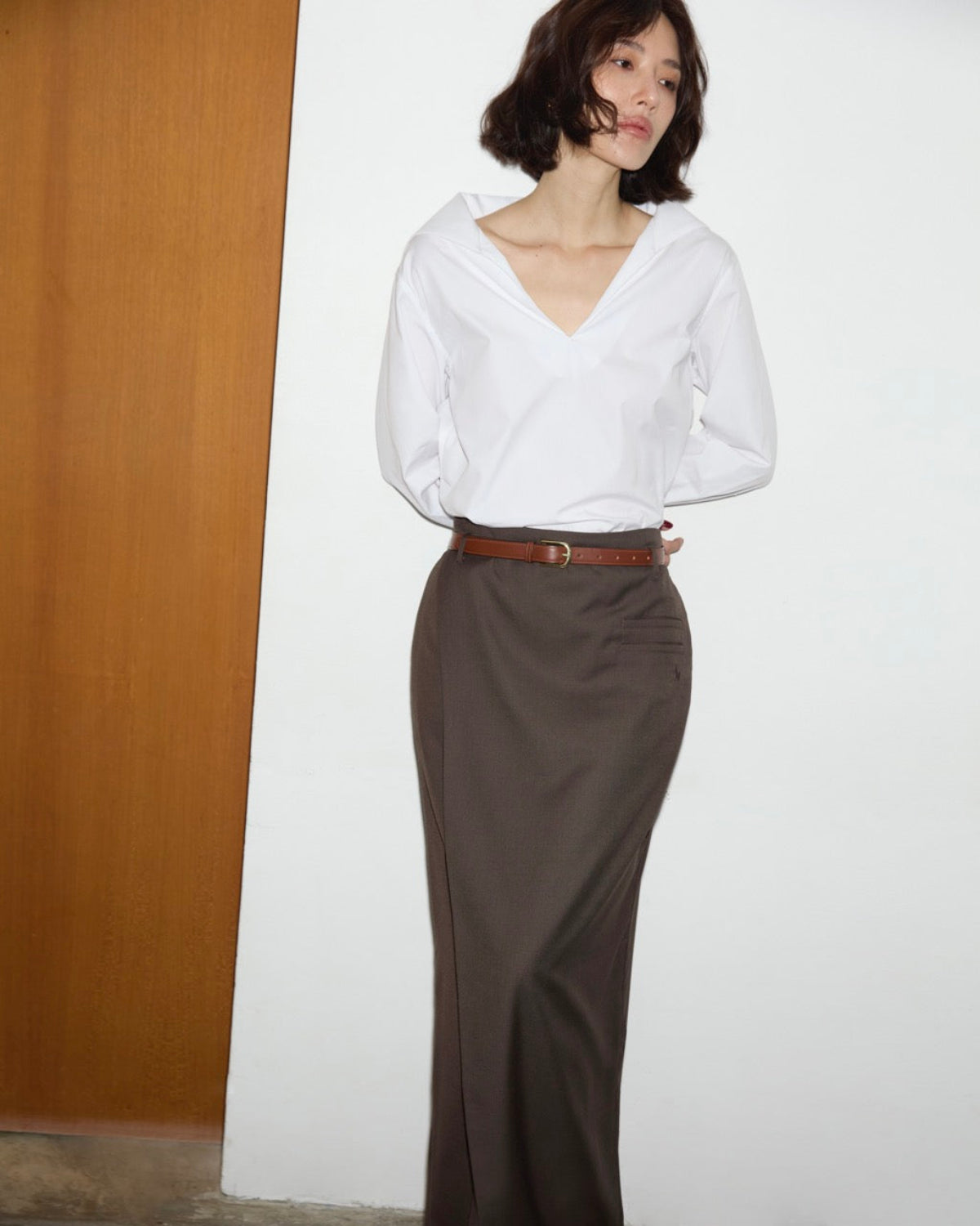 SS25 Elevated Office - Wrapped Maxi Skirt in Dark Brown