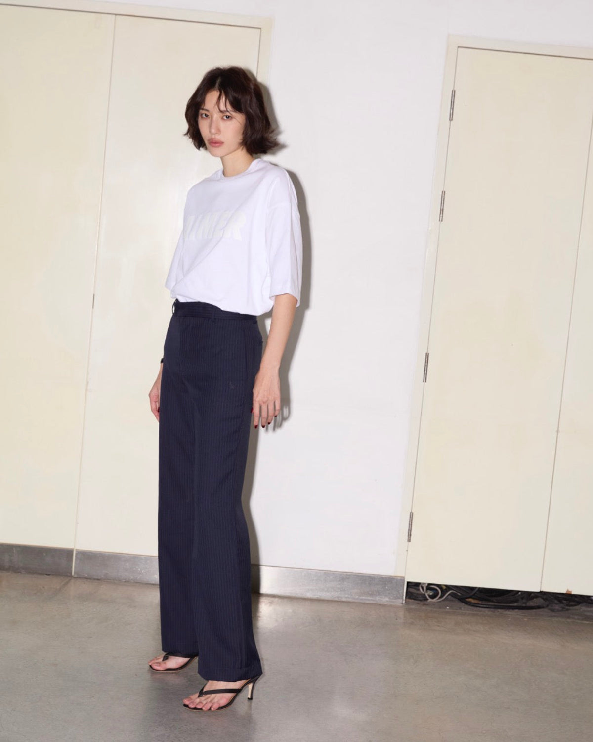 SS25 Elevated Office - Low Waist Straight Trousers in Navy Pinstripe