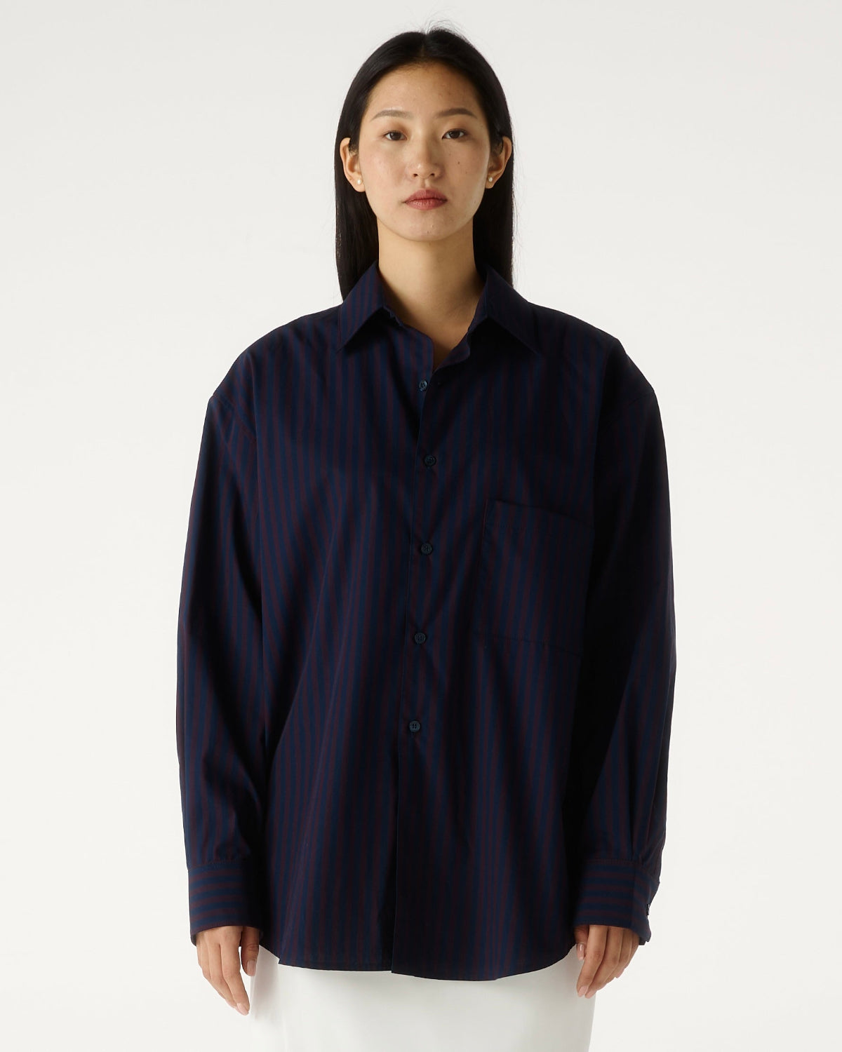 SS25 Elevated Office - Essential Oversized Shirt in Navy Brown Stripe